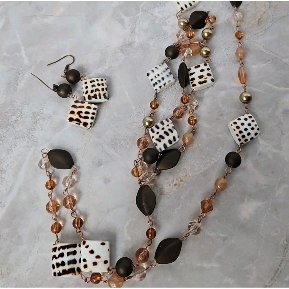 Brown Necklace Earring Set One Of A Kind Handmade Animal Print Glass Plastic Mix